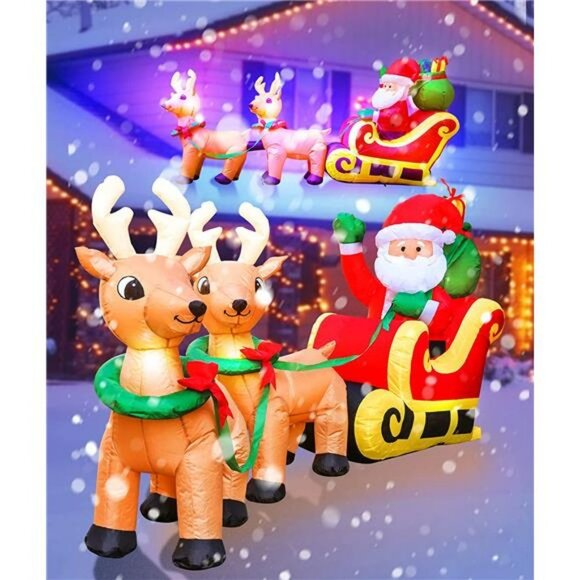 8 FT Long Inflatables Santa on Sleigh with 2 Reindeer Christmas Decoration - Picture 2 of 6